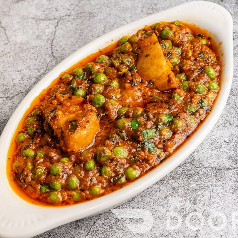 Aloo Matar, an Indian dish with potatoes and peas in a rich, spicy red sauce.
